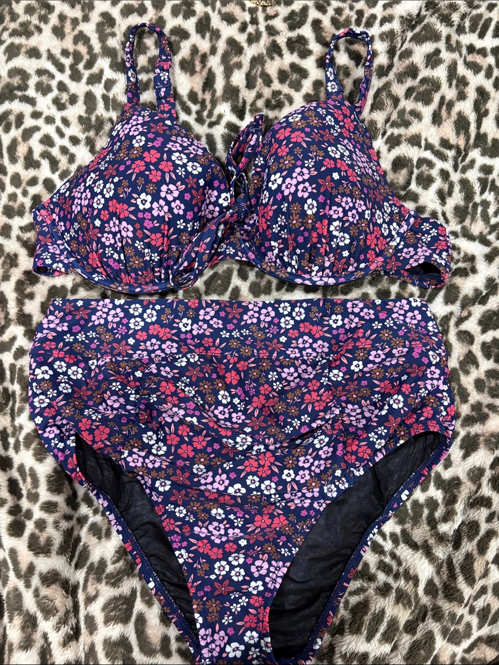 Navy Floral High-Waist Bikini Set